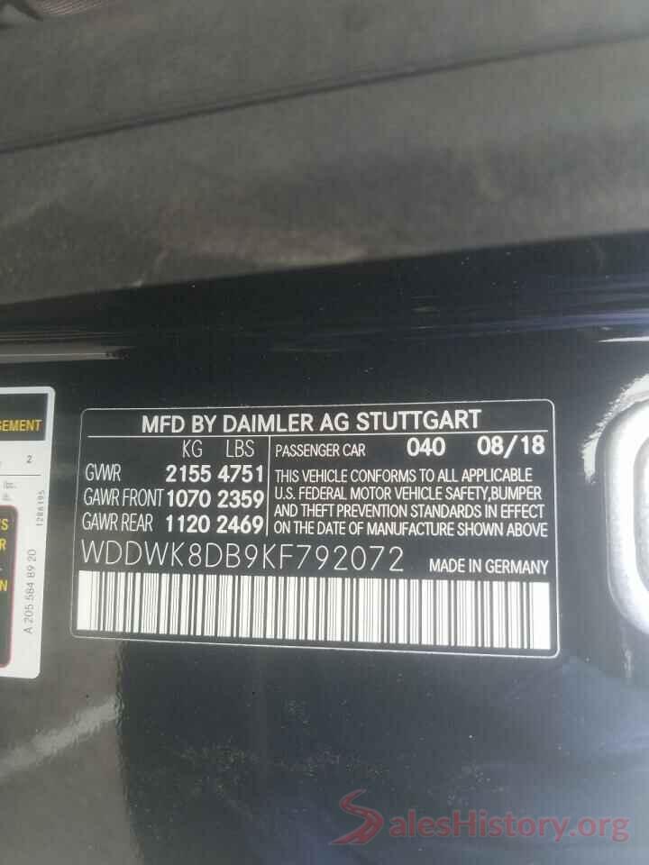 WDDWK8DB9KF792072 2019 MERCEDES-BENZ C CLASS