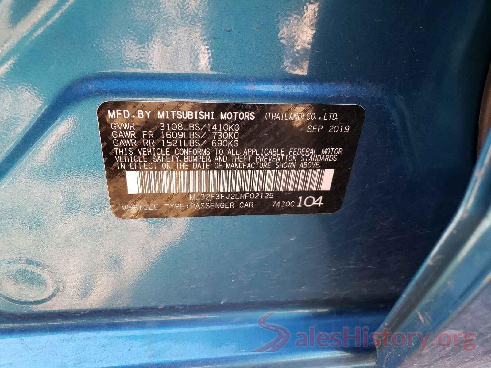 ML32F3FJ2LHF02125 2020 MITSUBISHI MIRAGE