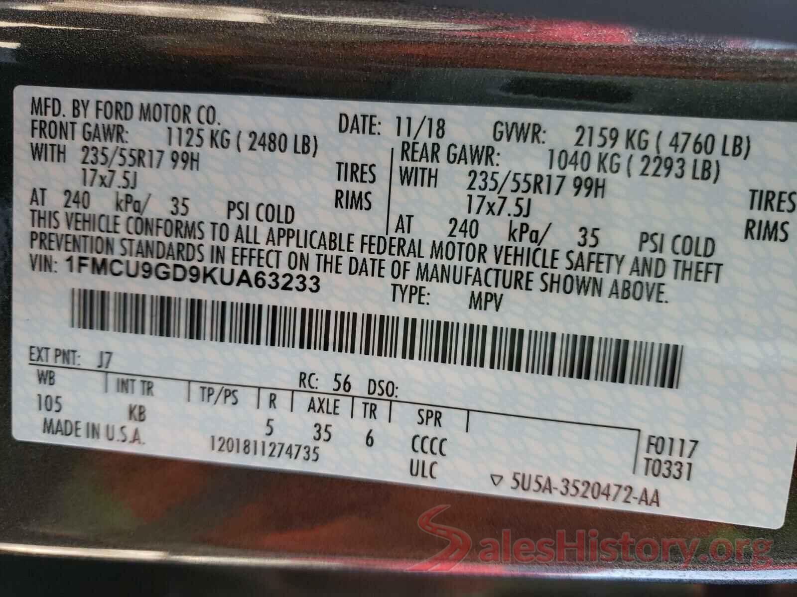 1FMCU9GD9KUA63233 2019 FORD ESCAPE