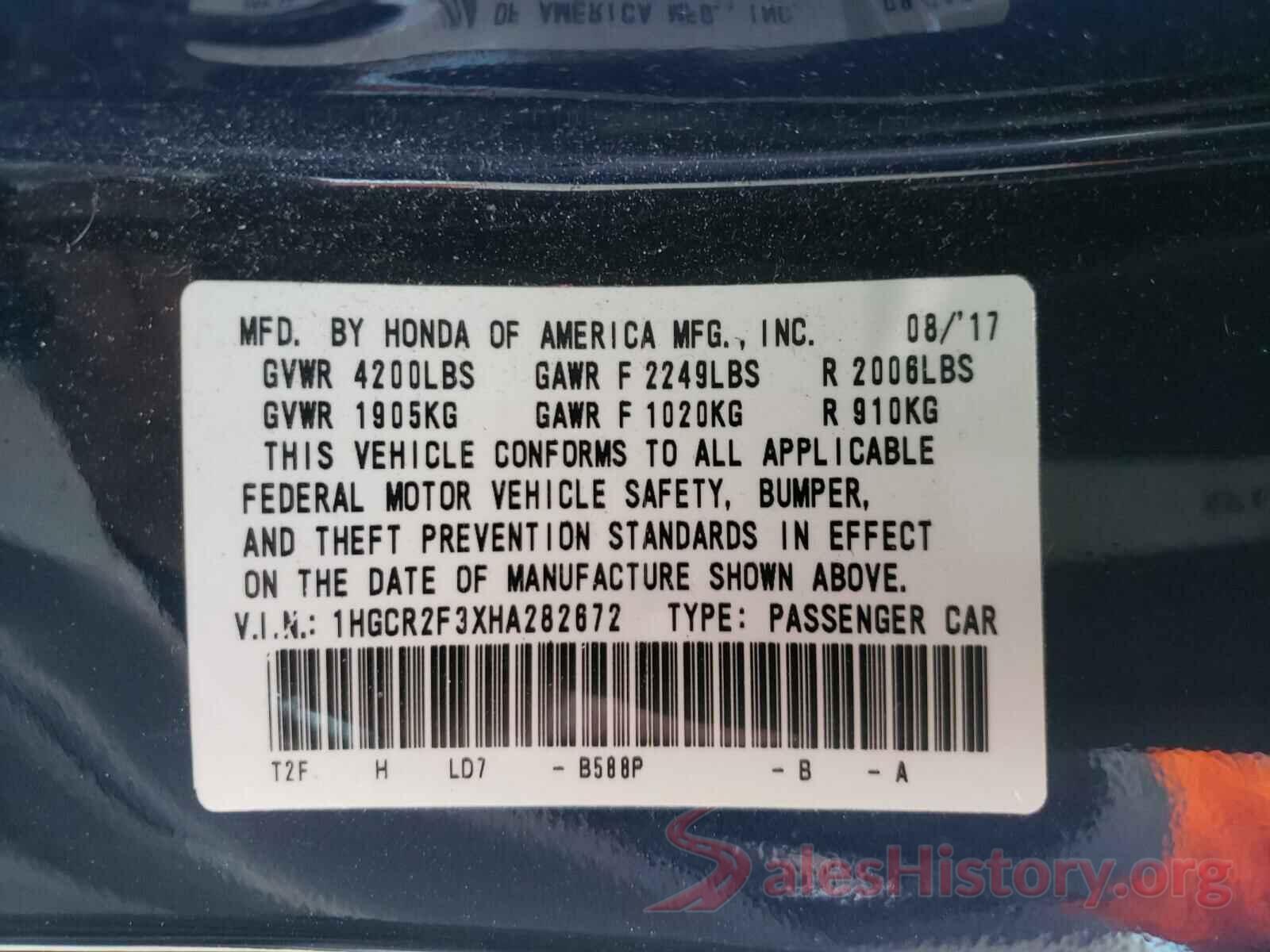 1HGCR2F3XHA282672 2017 HONDA ACCORD