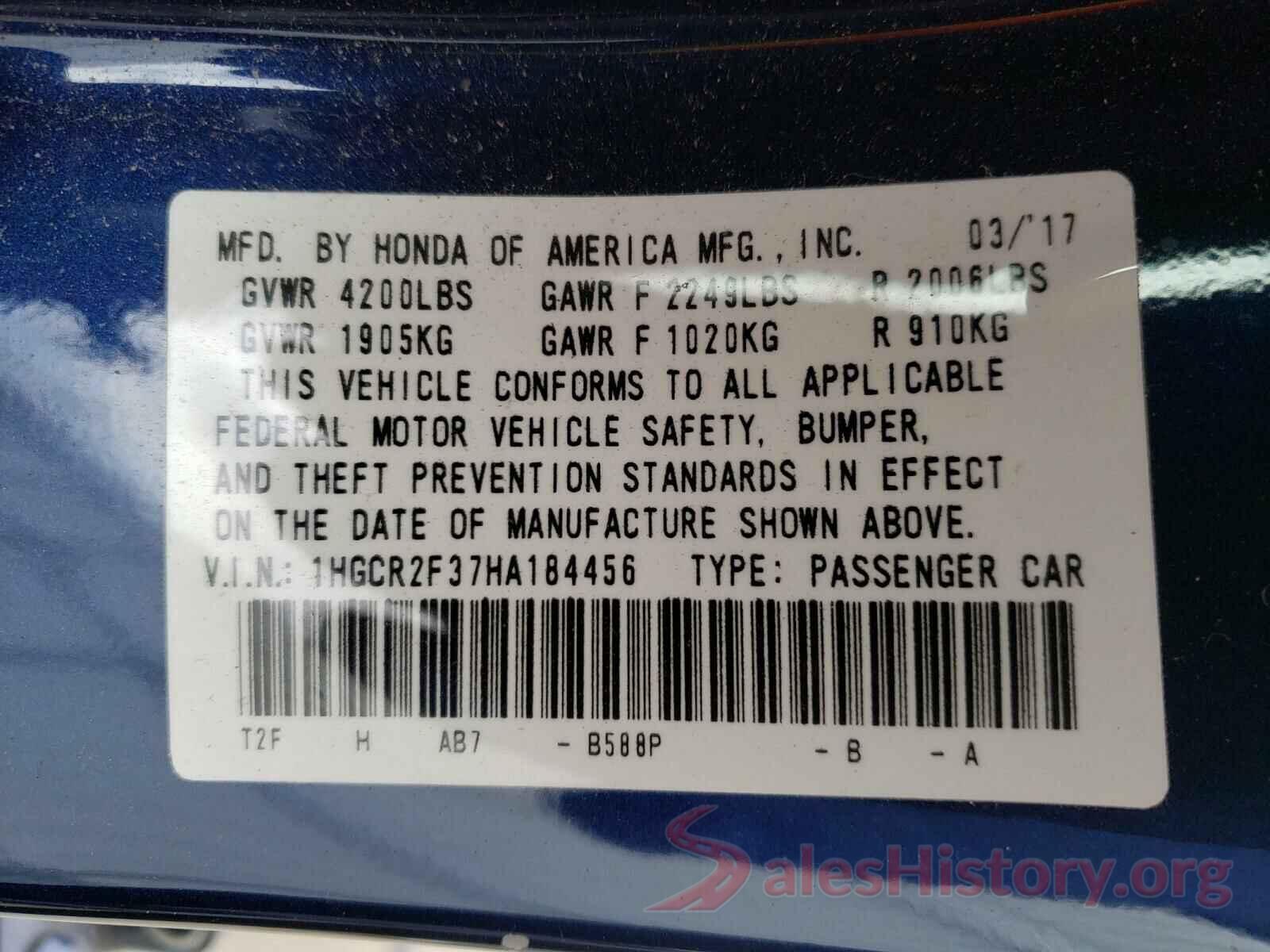 1HGCR2F37HA184456 2017 HONDA ACCORD