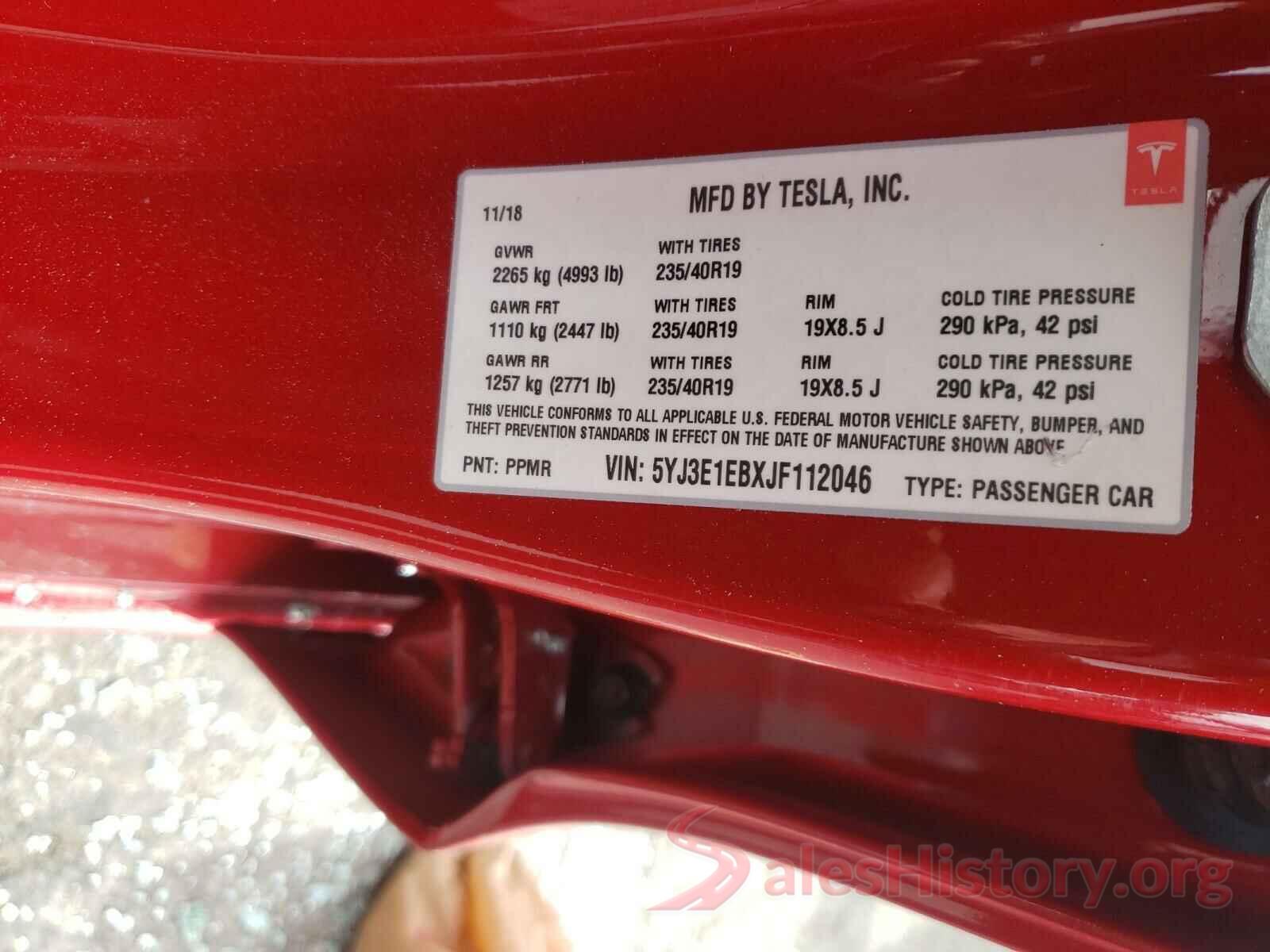 5YJ3E1EBXJF112046 2018 TESLA MODEL 3