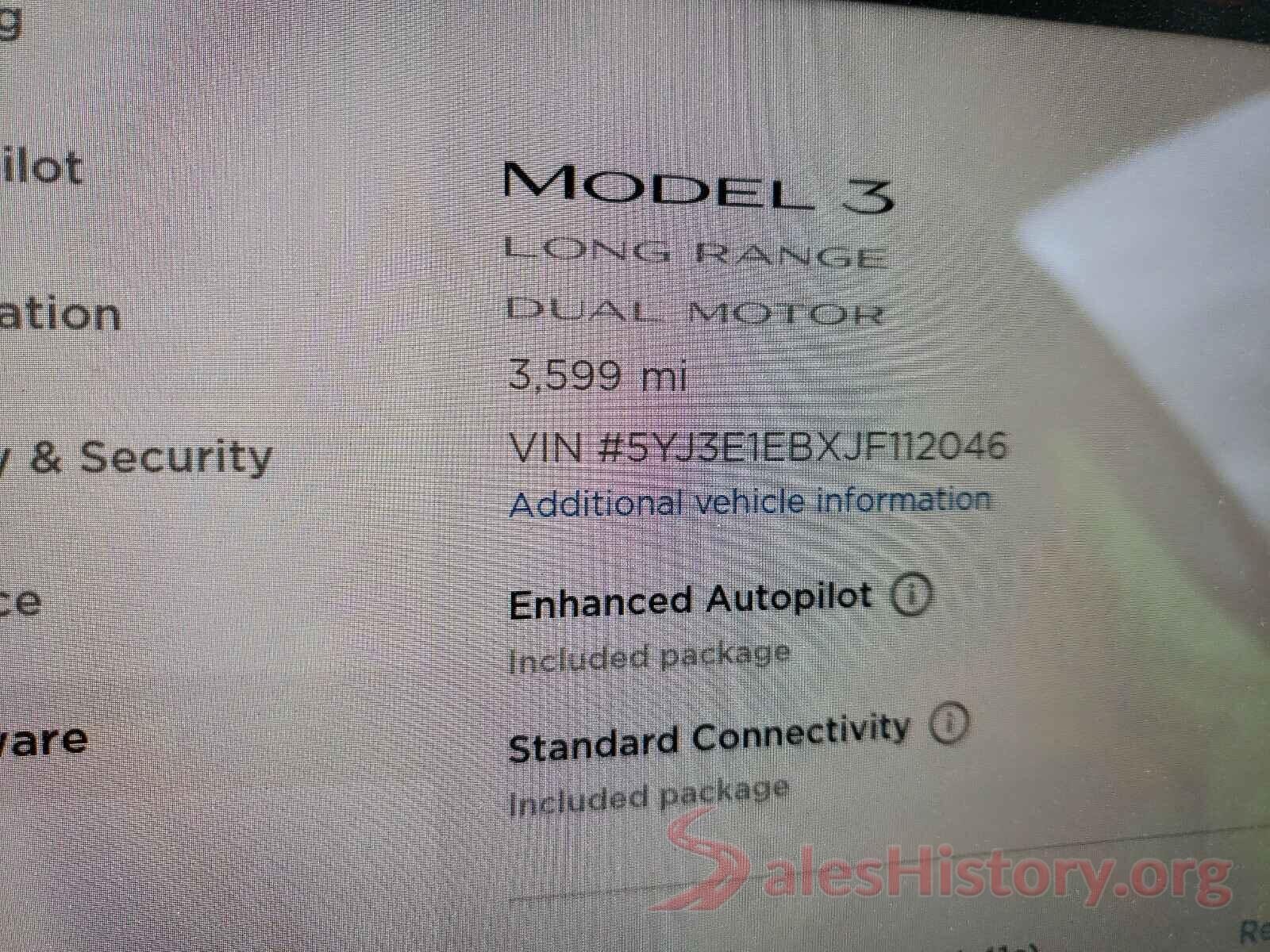 5YJ3E1EBXJF112046 2018 TESLA MODEL 3