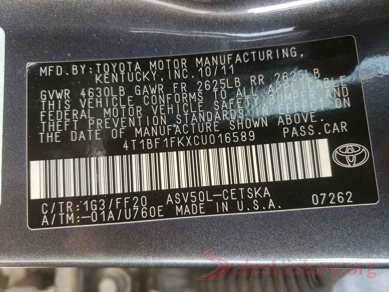 4T1BF1FKXCU016589 2012 TOYOTA CAMRY