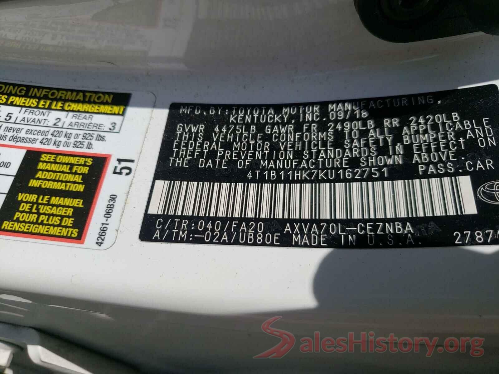 4T1B11HK7KU162751 2019 TOYOTA CAMRY