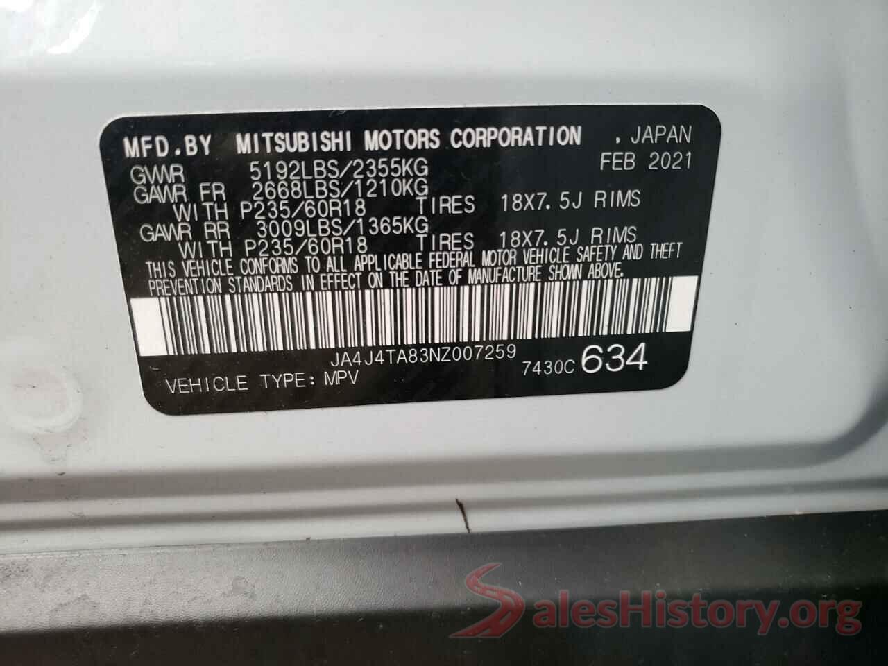 JA4J4TA83NZ007259 2022 MITSUBISHI OUTLANDER