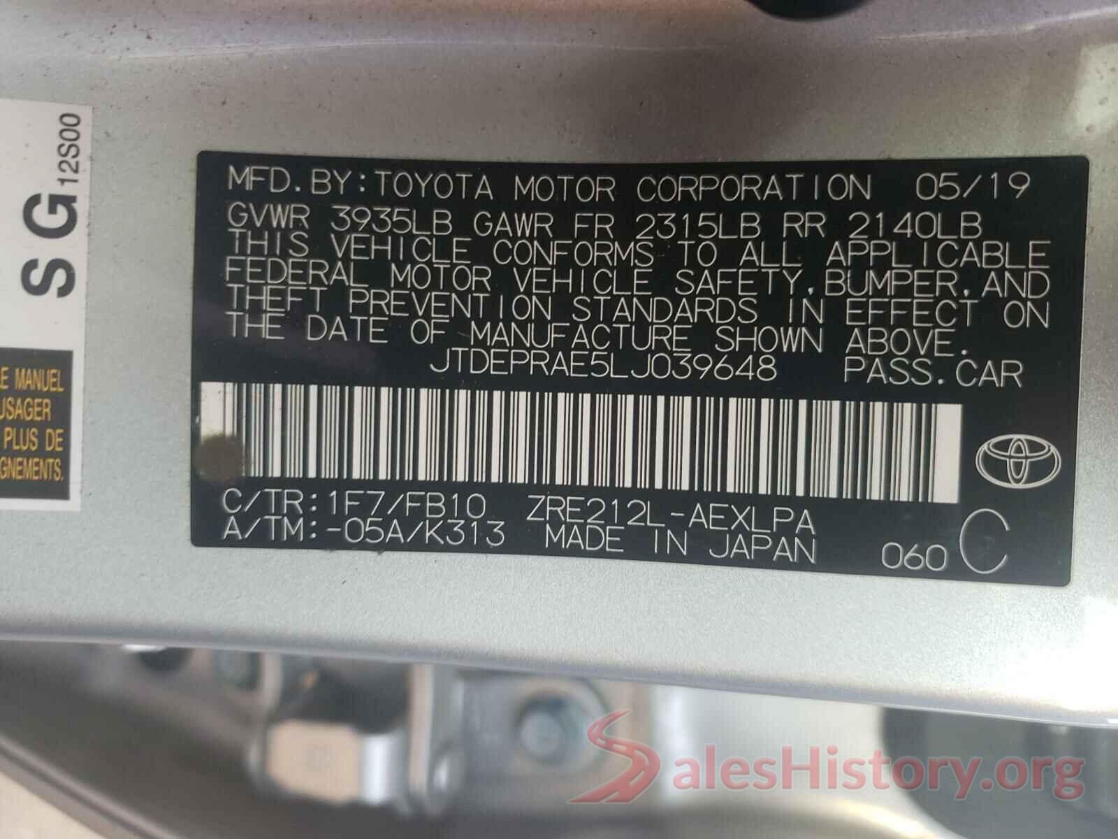 JTDEPRAE5LJ039648 2020 TOYOTA COROLLA