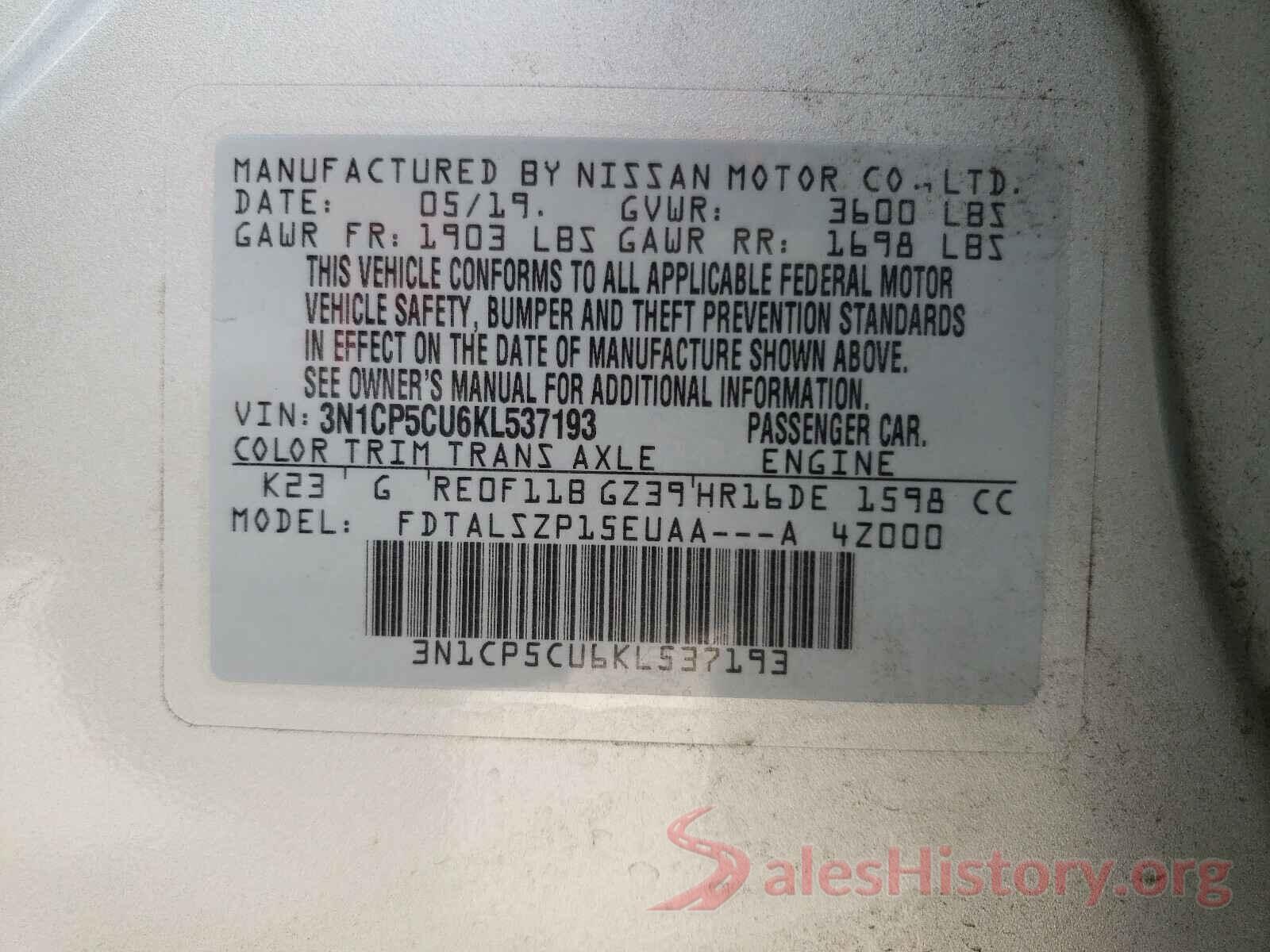 3N1CP5CU6KL537193 2019 NISSAN KICKS