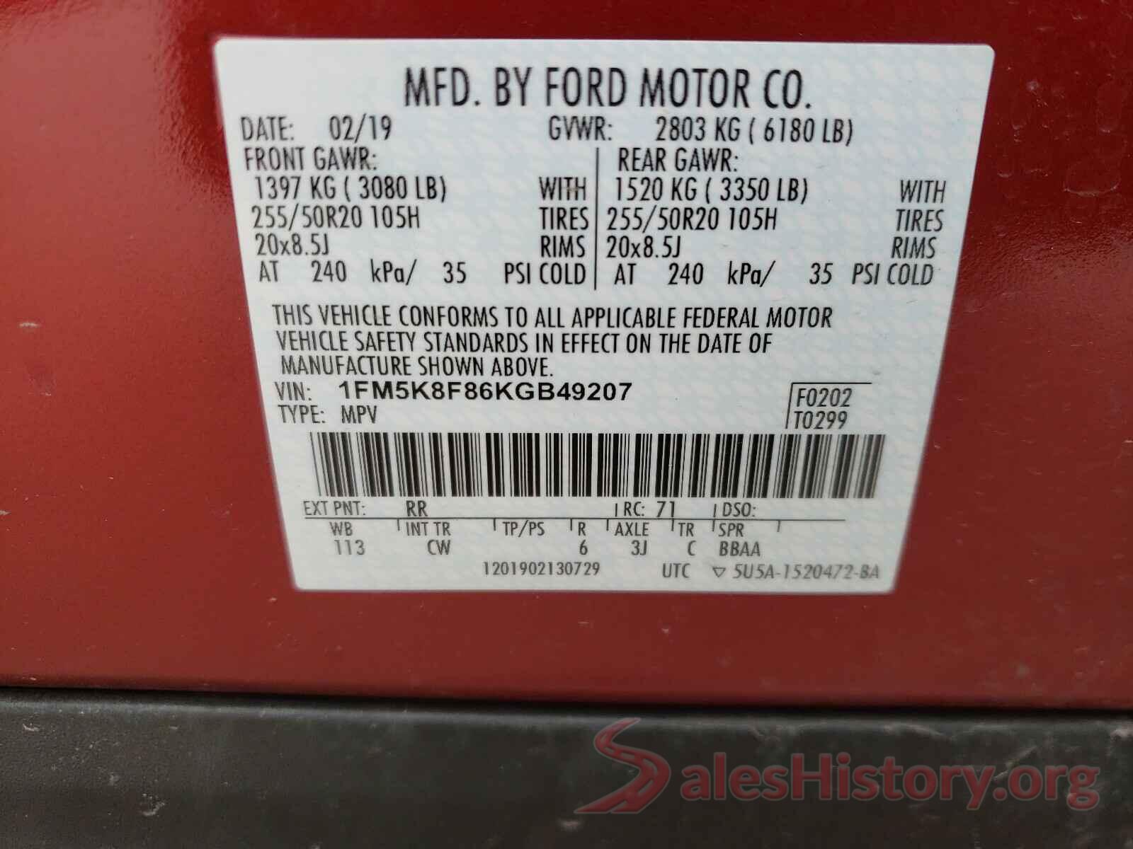 1FM5K8F86KGB49207 2019 FORD EXPLORER