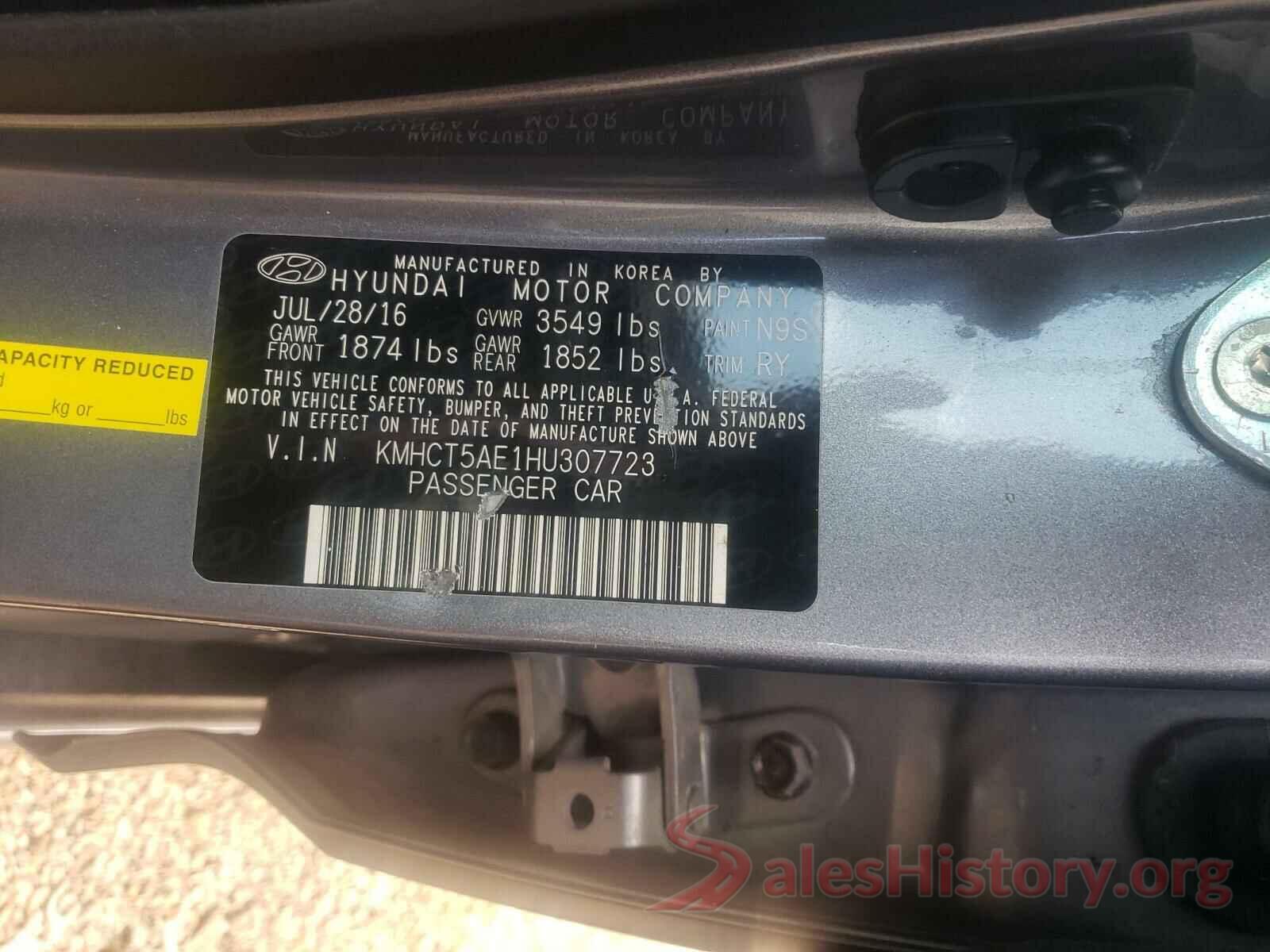 KMHCT5AE1HU307723 2017 HYUNDAI ACCENT