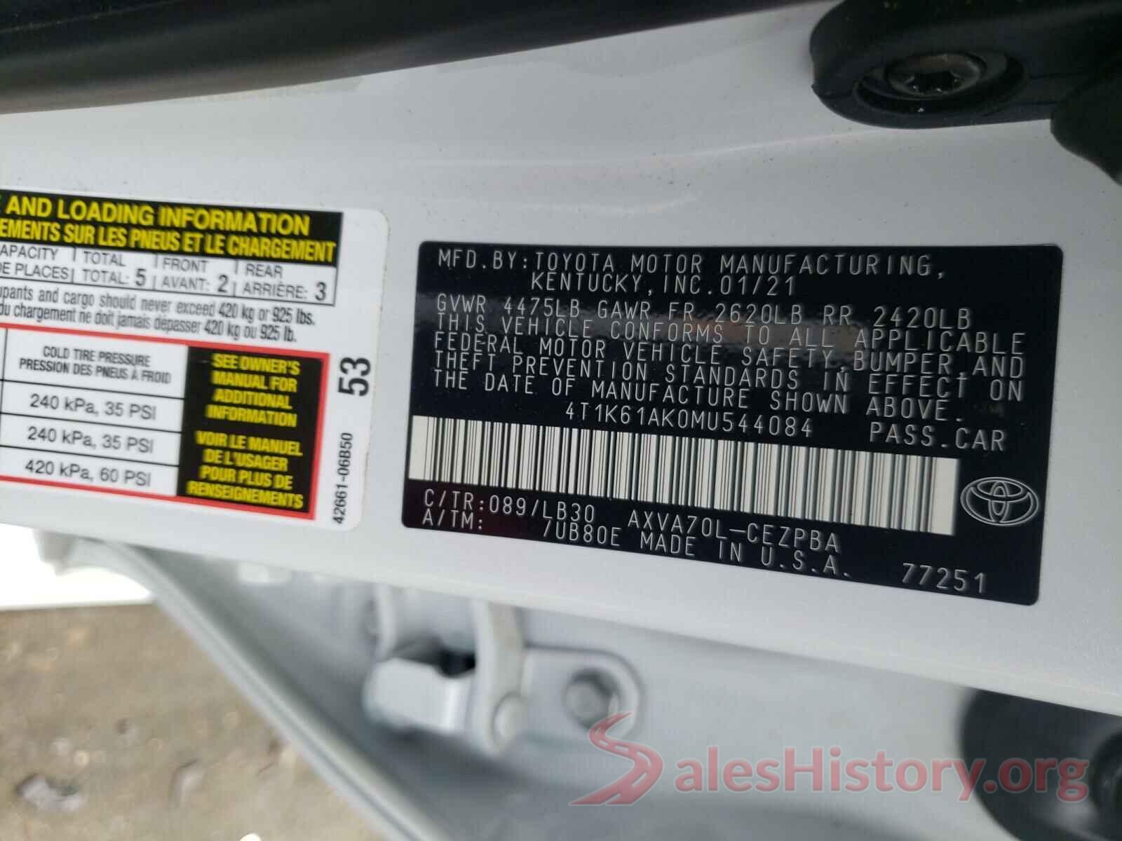 4T1K61AK0MU544084 2021 TOYOTA CAMRY