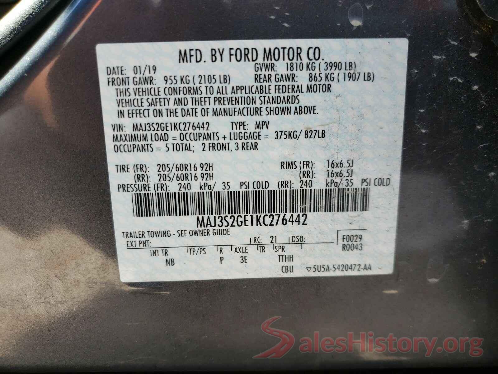 MAJ3S2GE1KC276442 2019 FORD ALL OTHER