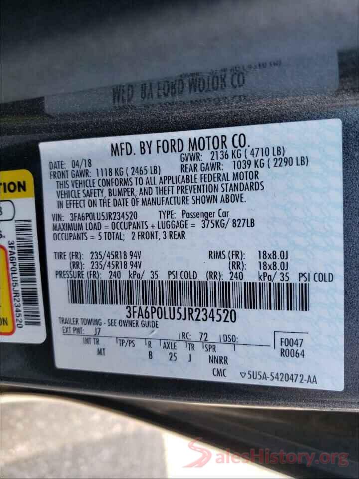 3FA6P0LU5JR234520 2018 FORD FUSION