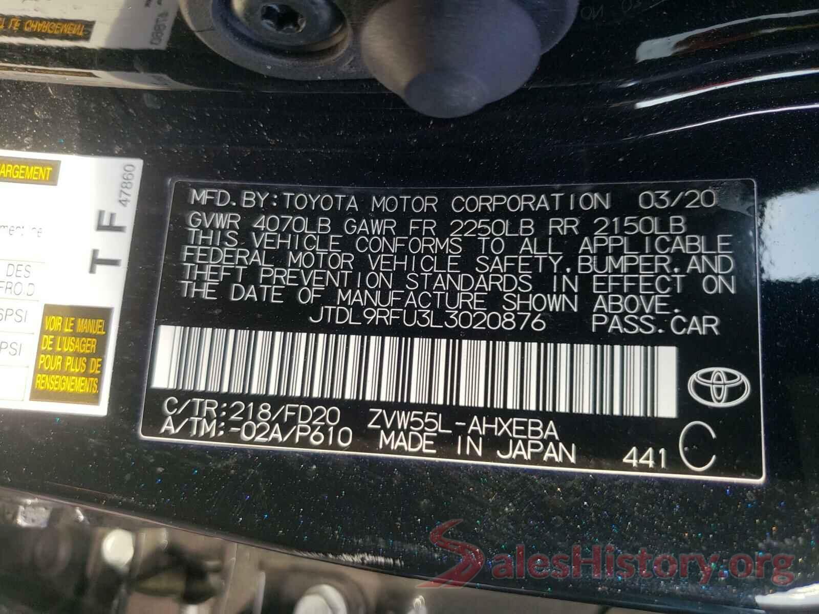 JTDL9RFU3L3020876 2020 TOYOTA PRIUS