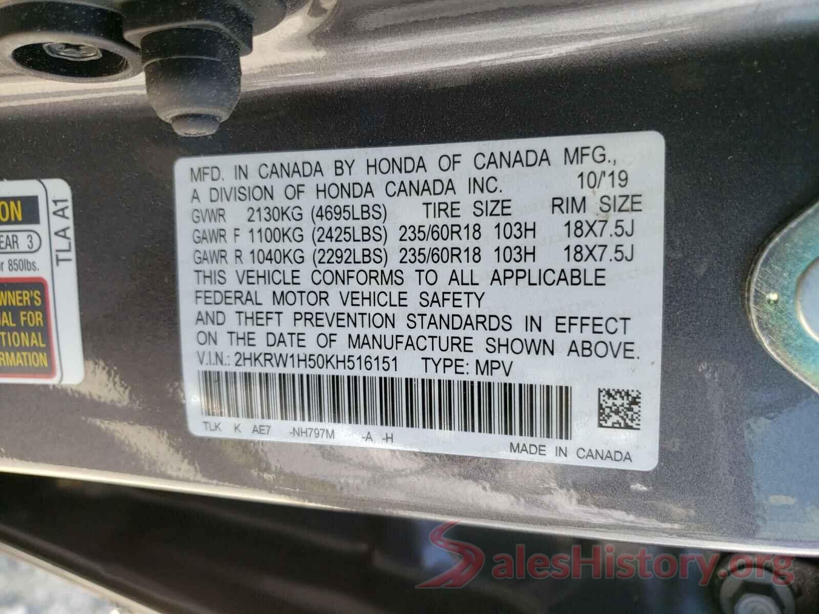 2HKRW1H50KH516151 2019 HONDA CRV