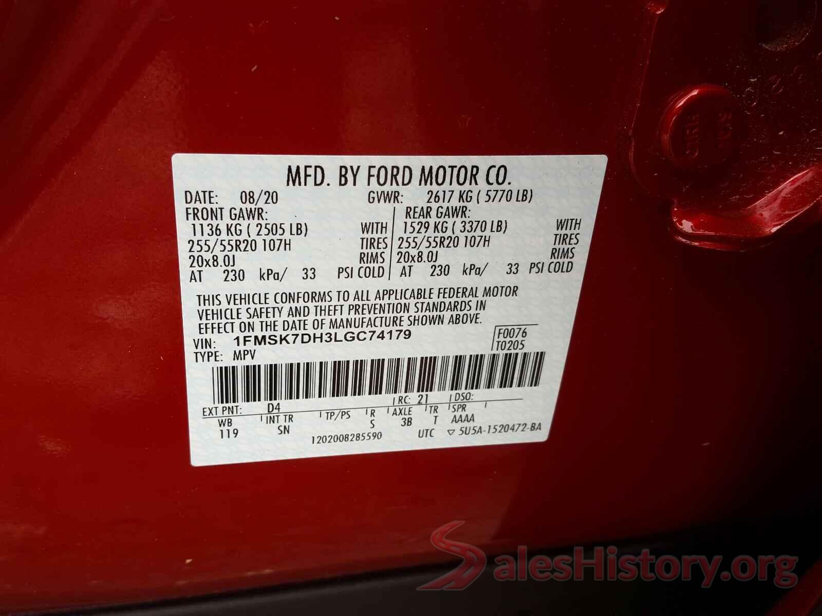 1FMSK7DH3LGC74179 2020 FORD EXPLORER