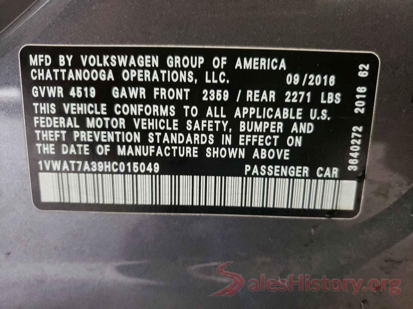 1VWAT7A39HC015049 2017 VOLKSWAGEN PASSAT