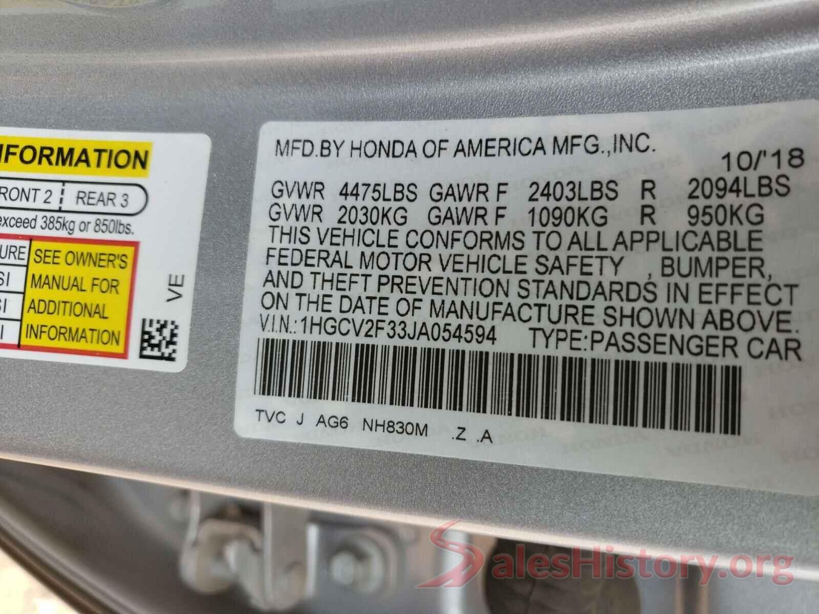 1HGCV2F33JA054594 2018 HONDA ACCORD