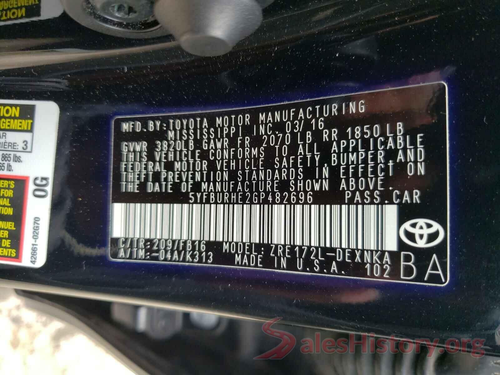 5YFBURHE2GP482696 2016 TOYOTA COROLLA