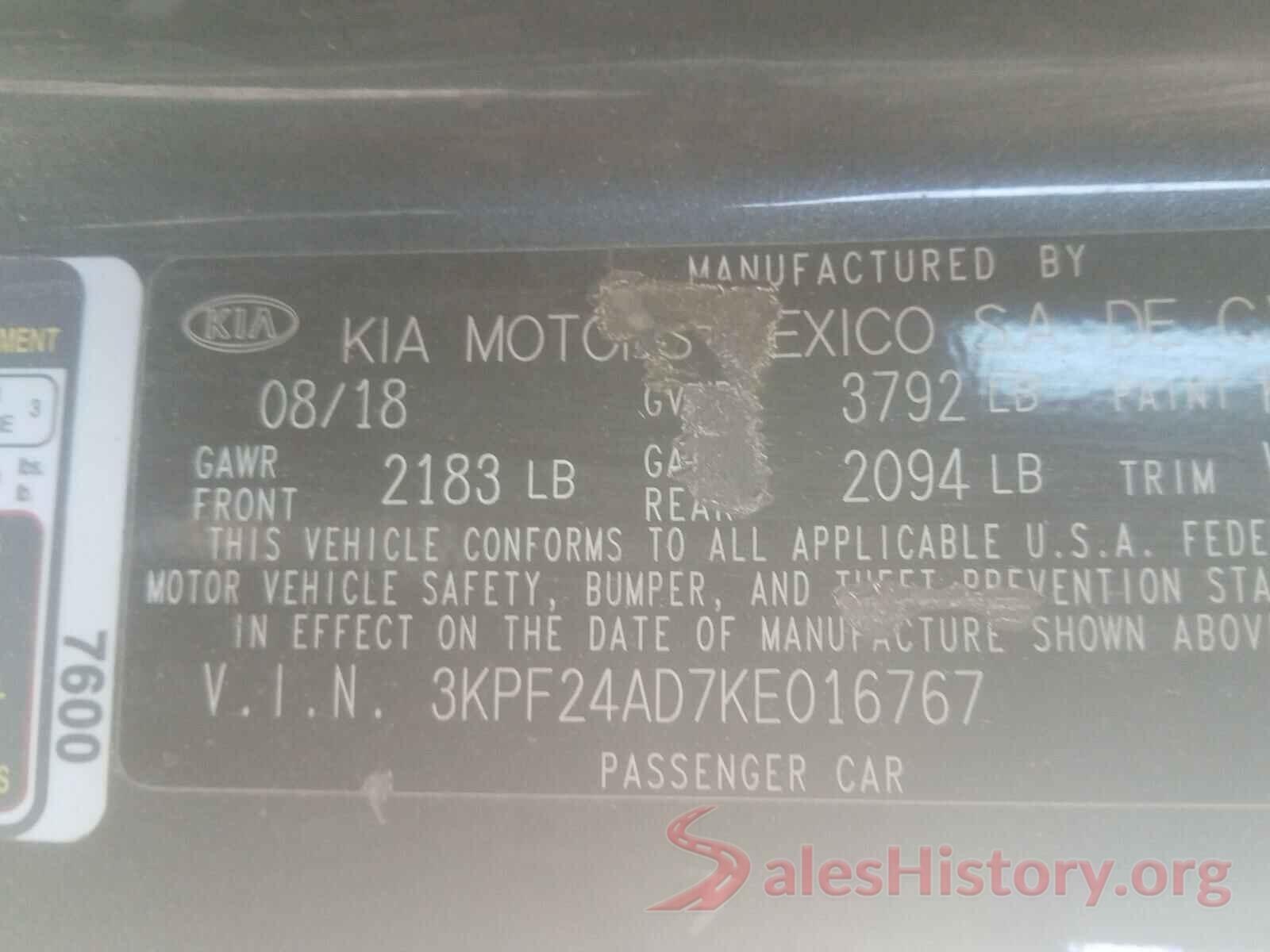 3KPF24AD7KE016767 2019 KIA FORTE