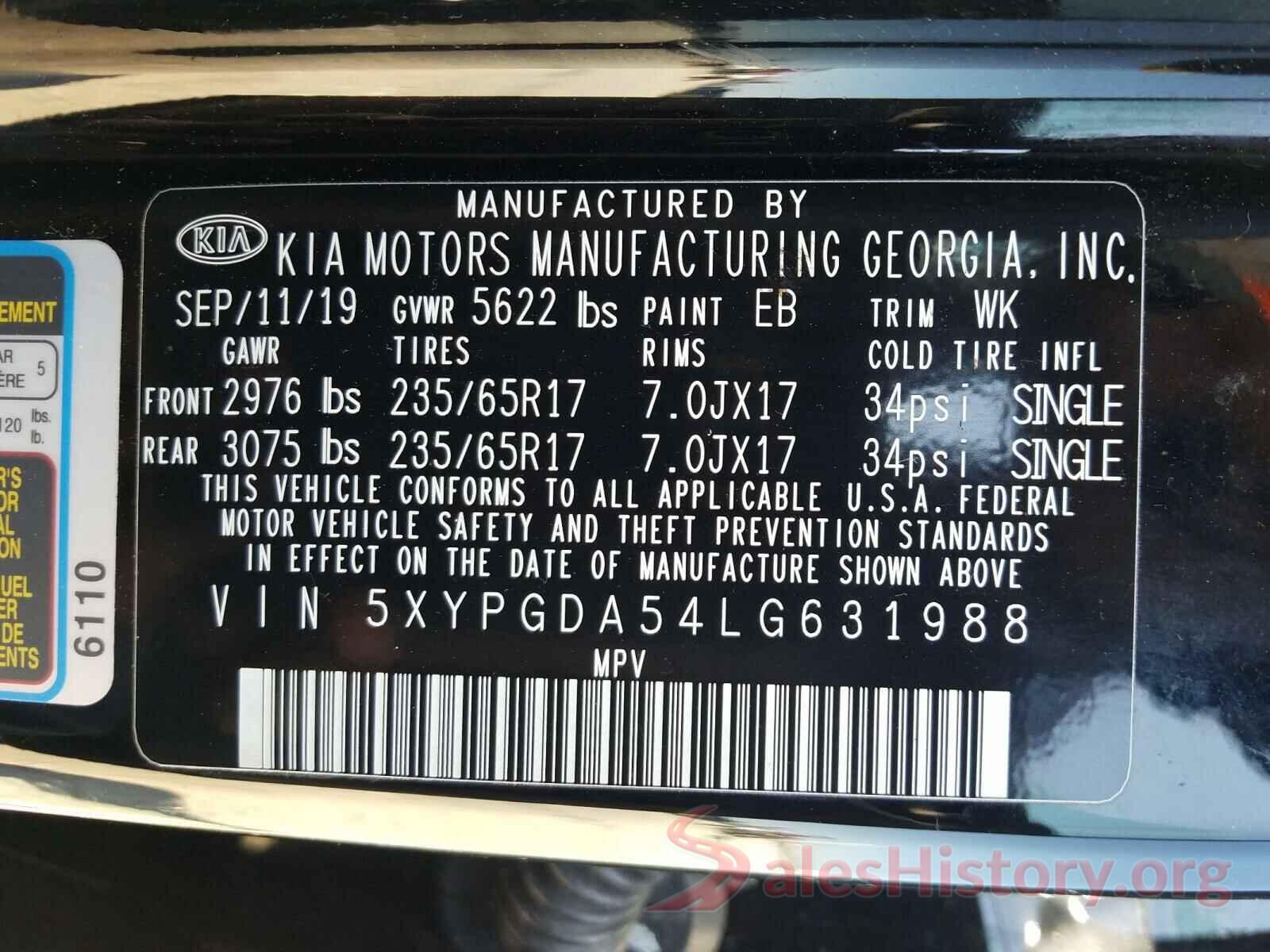 5XYPGDA54LG631988 2020 KIA SORENTO