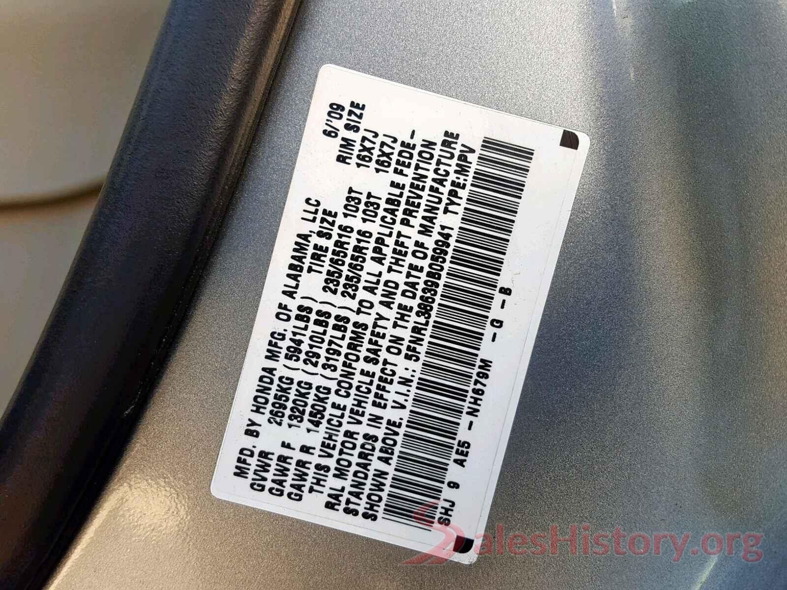 5FNRL38639B059941 2009 HONDA ODYSSEY EX