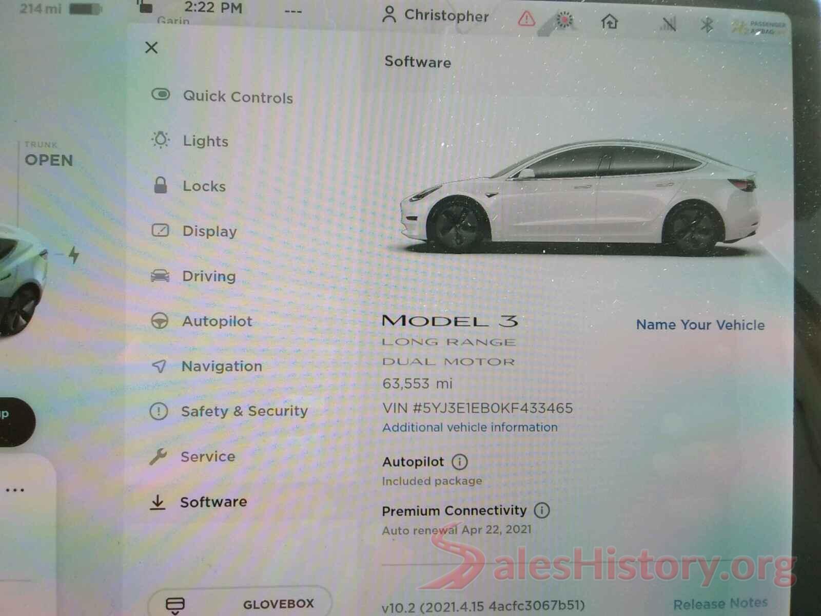 5YJ3E1EB0KF433465 2019 TESLA MODEL 3