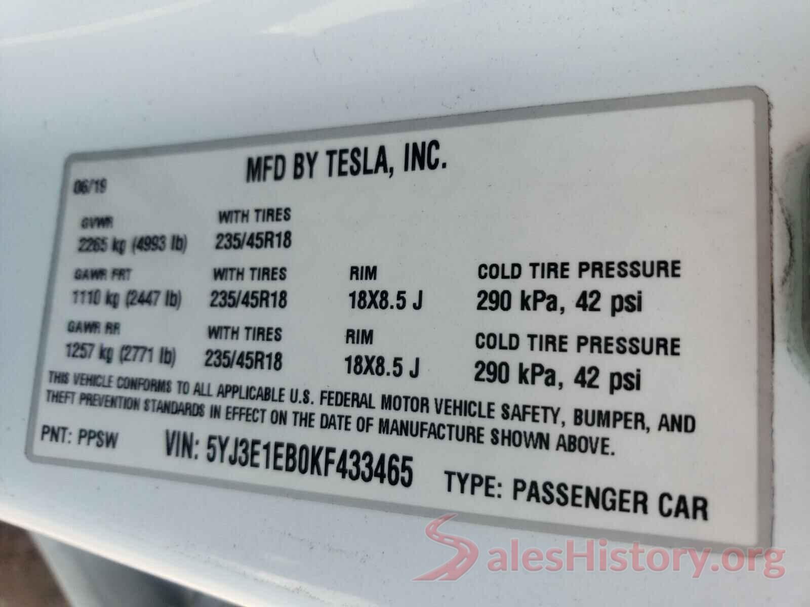 5YJ3E1EB0KF433465 2019 TESLA MODEL 3