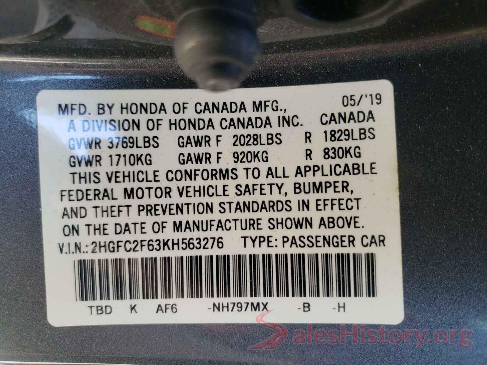 2HGFC2F63KH563276 2019 HONDA CIVIC