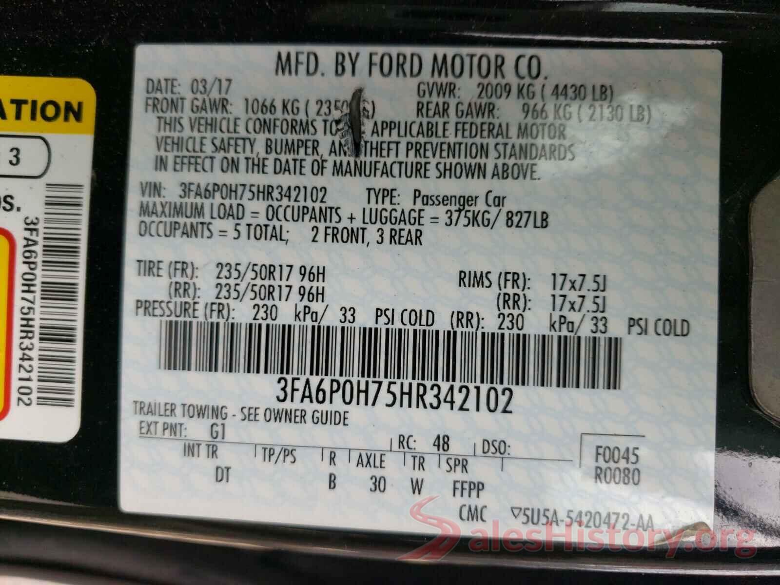 3FA6P0H75HR342102 2017 FORD FUSION