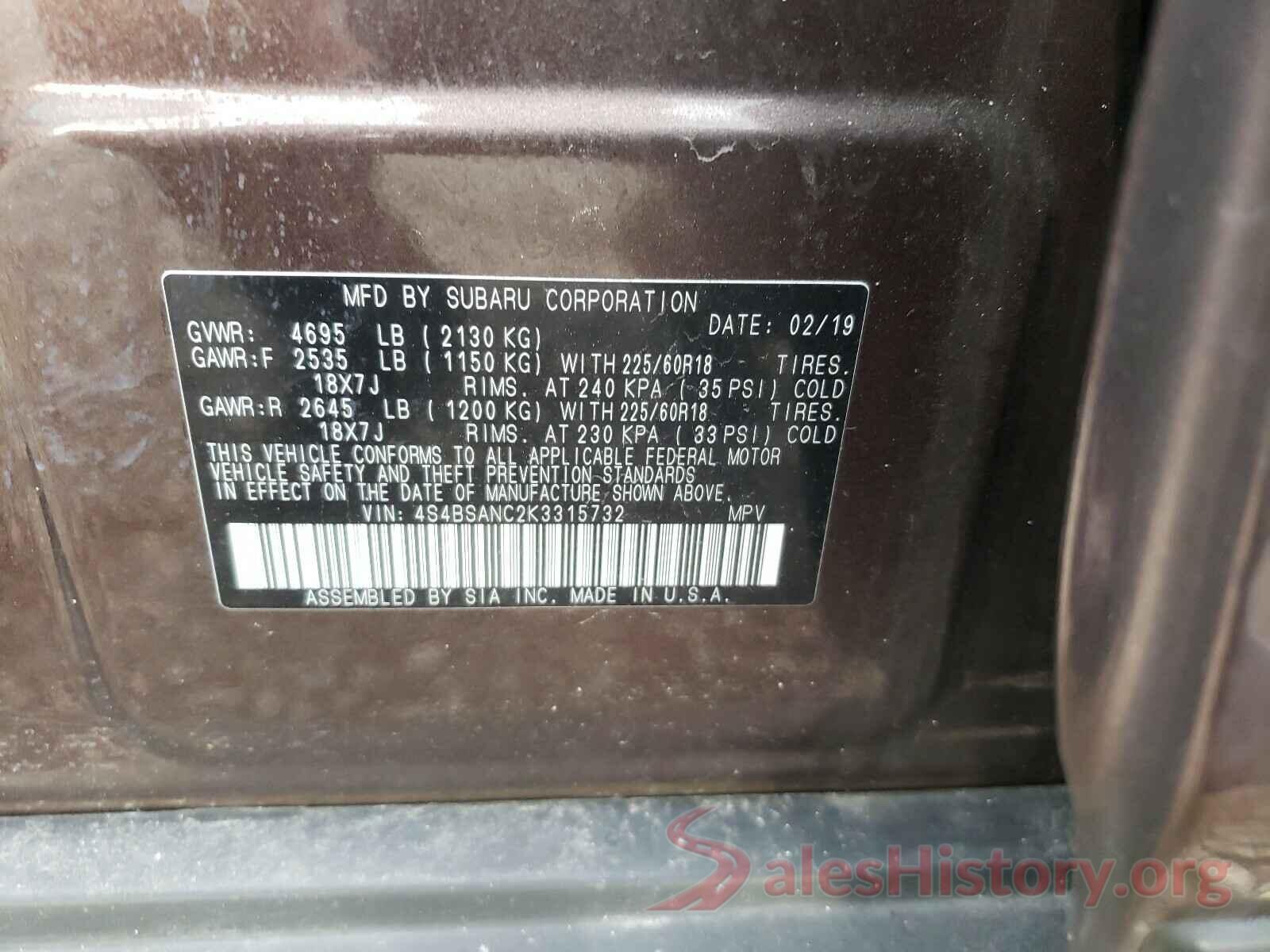 4S4BSANC2K3315732 2019 SUBARU OUTBACK