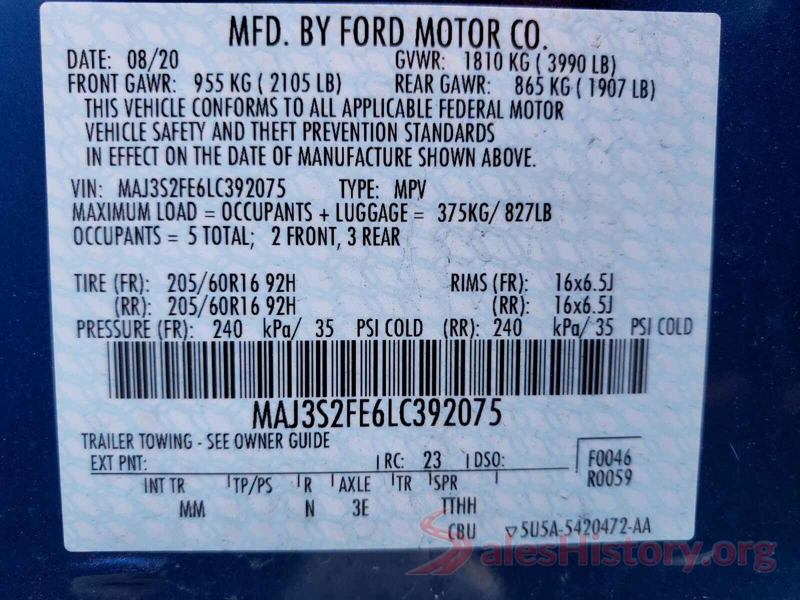 MAJ3S2FE6LC392075 2020 FORD ALL OTHER