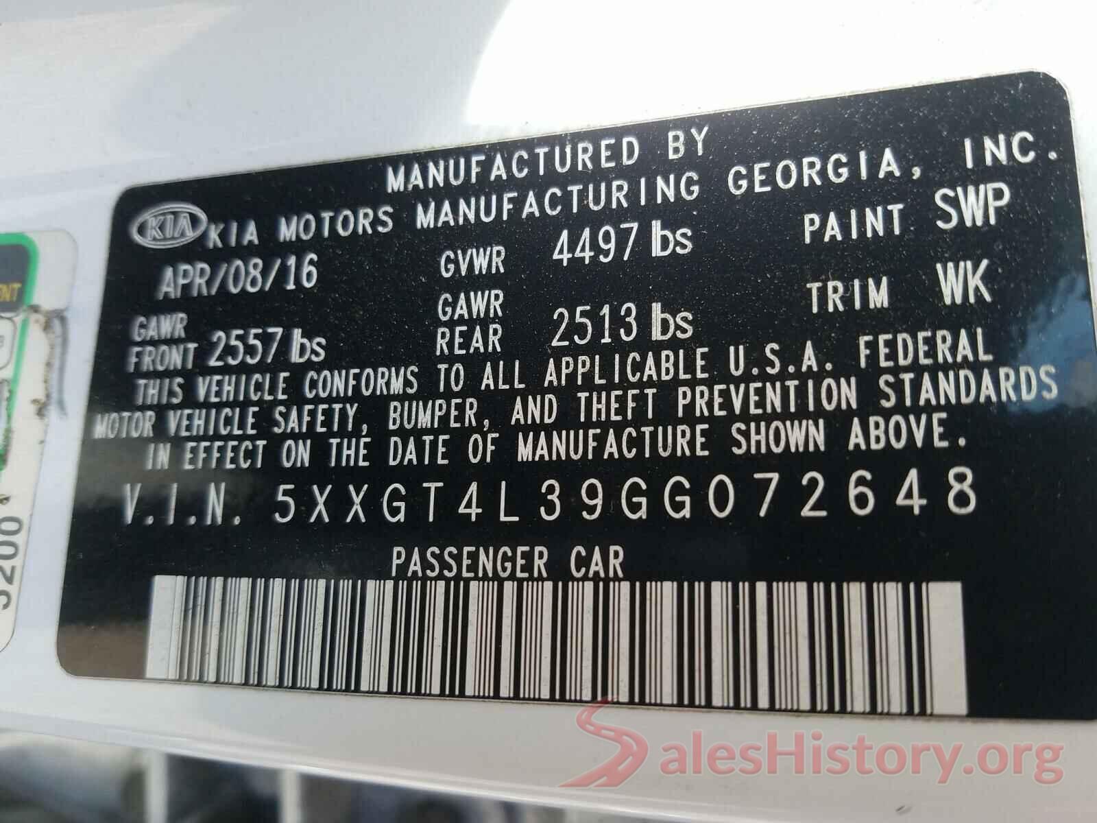 5XXGT4L39GG072648 2016 KIA OPTIMA