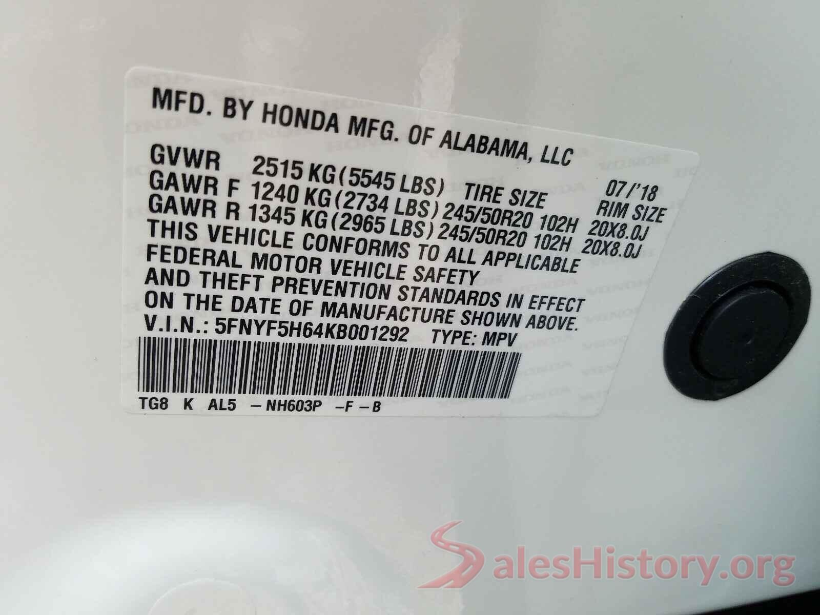 5FNYF5H64KB001292 2019 HONDA PILOT