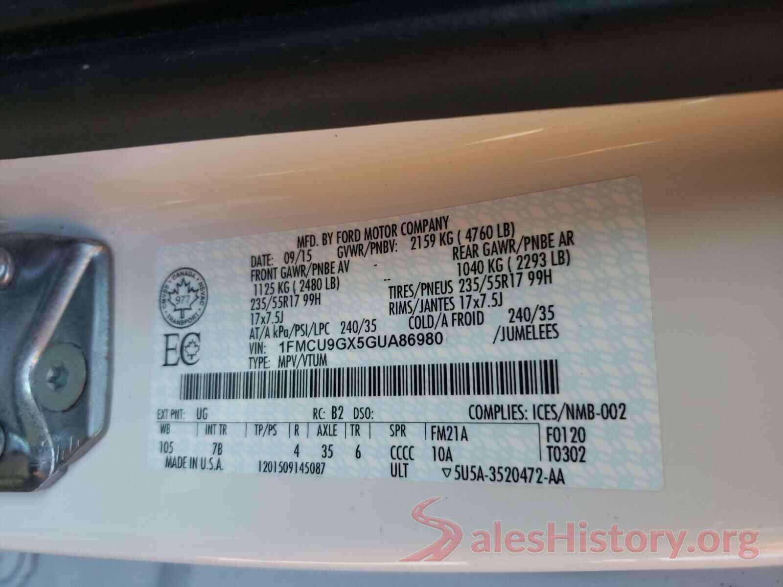 1FMCU9GX5GUA86980 2016 FORD ESCAPE