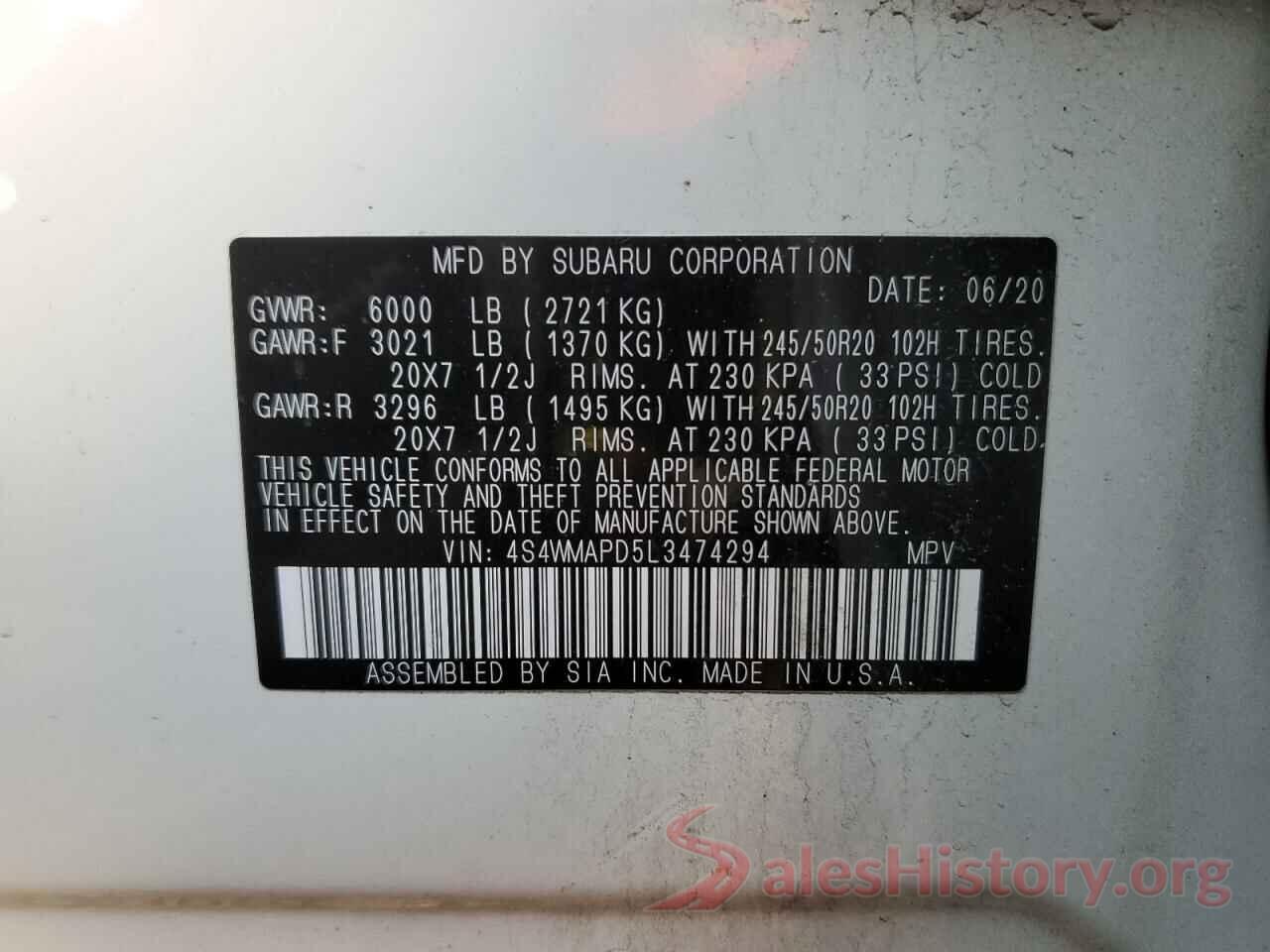 4S4WMAPD5L3474294 2020 SUBARU ASCENT