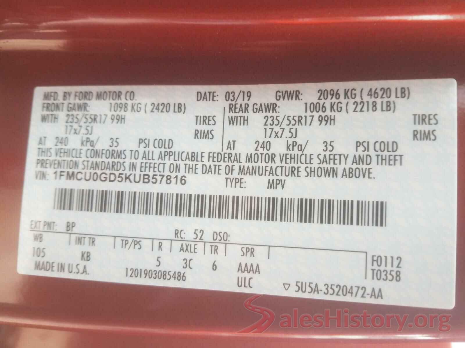 1FMCU0GD5KUB57816 2019 FORD ESCAPE