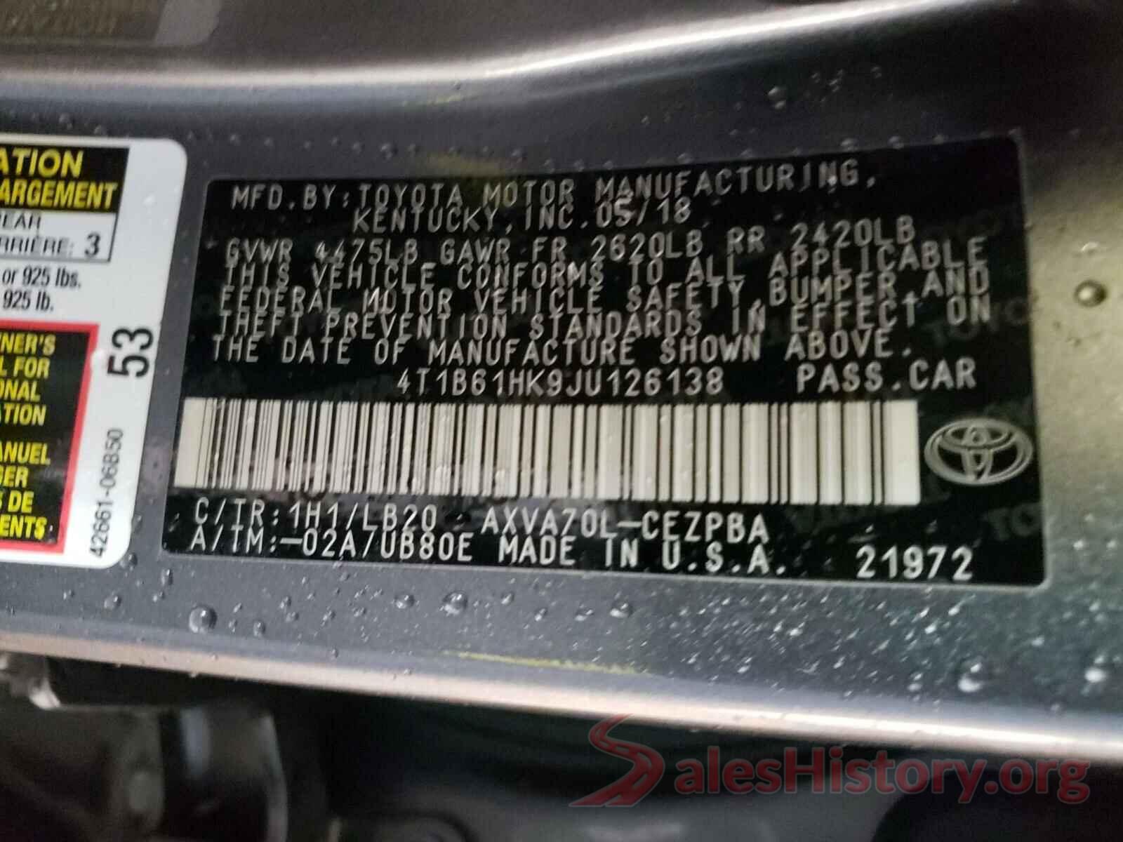 4T1B61HK9JU126138 2018 TOYOTA CAMRY