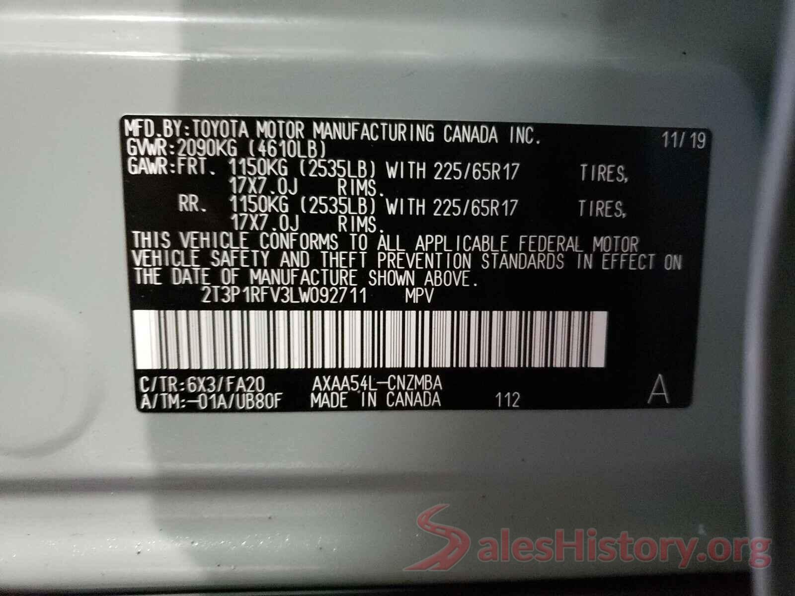 2T3P1RFV3LW092711 2020 TOYOTA RAV4