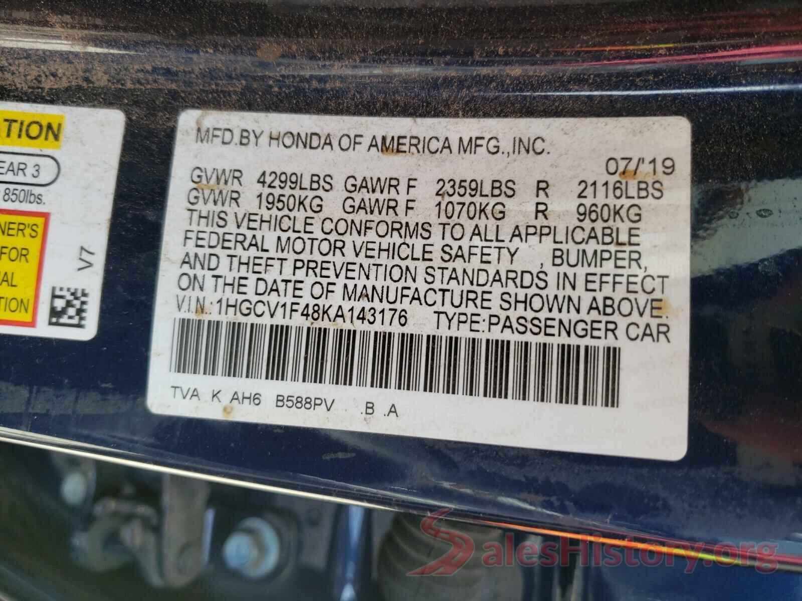 1HGCV1F48KA143176 2019 HONDA ACCORD