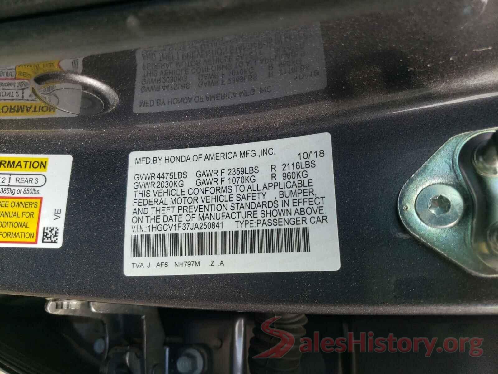 1HGCV1F37JA250841 2018 HONDA ACCORD