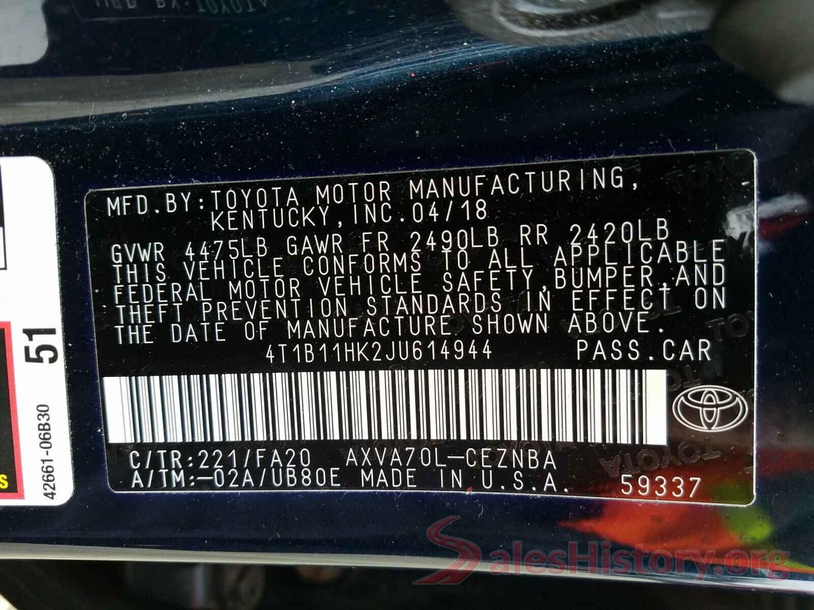 4T1B11HK2JU614944 2018 TOYOTA CAMRY