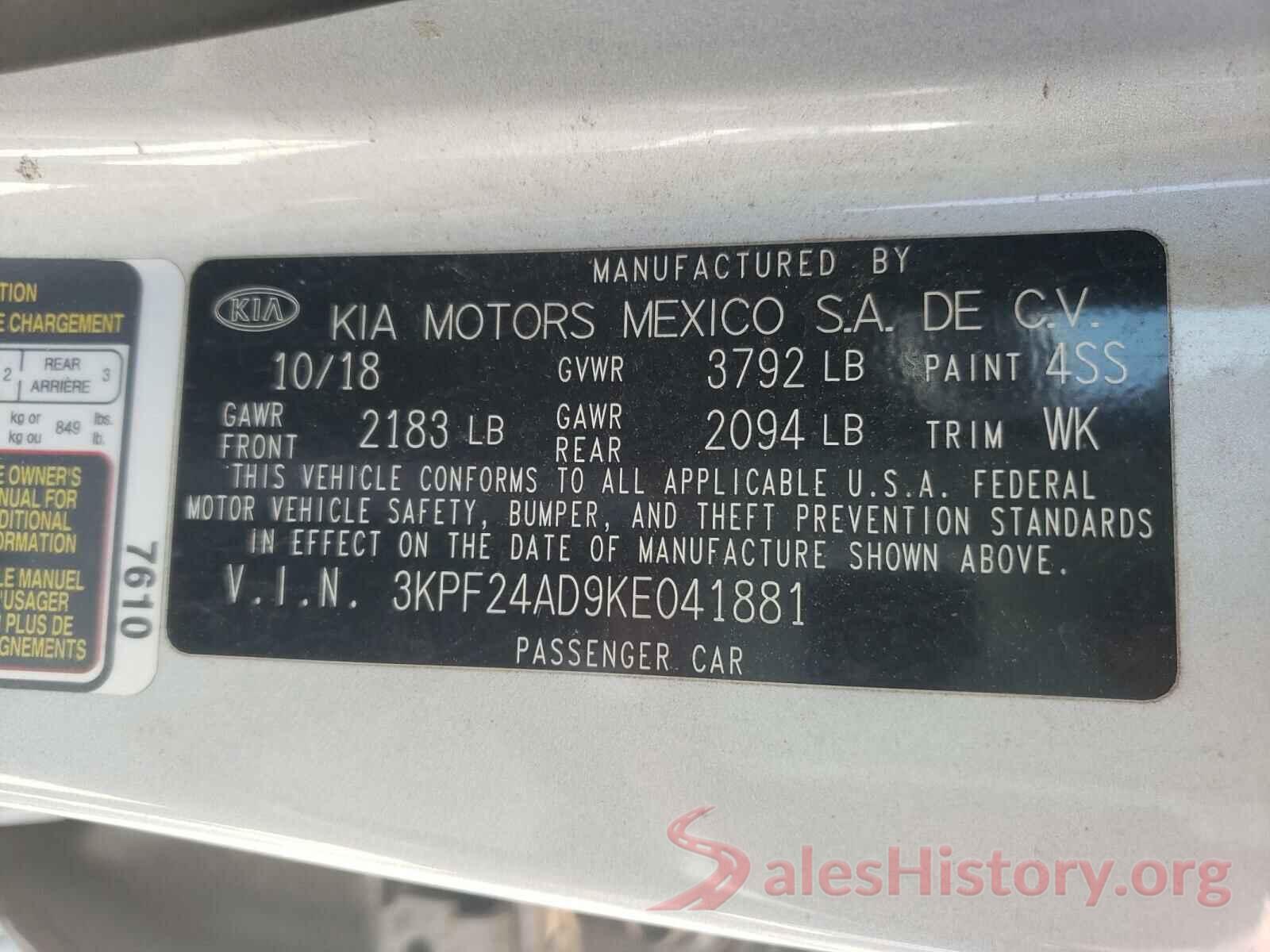 3KPF24AD9KE041881 2019 KIA FORTE