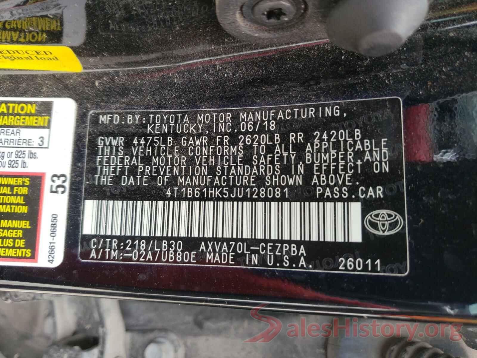 4T1B61HK5JU128081 2018 TOYOTA CAMRY