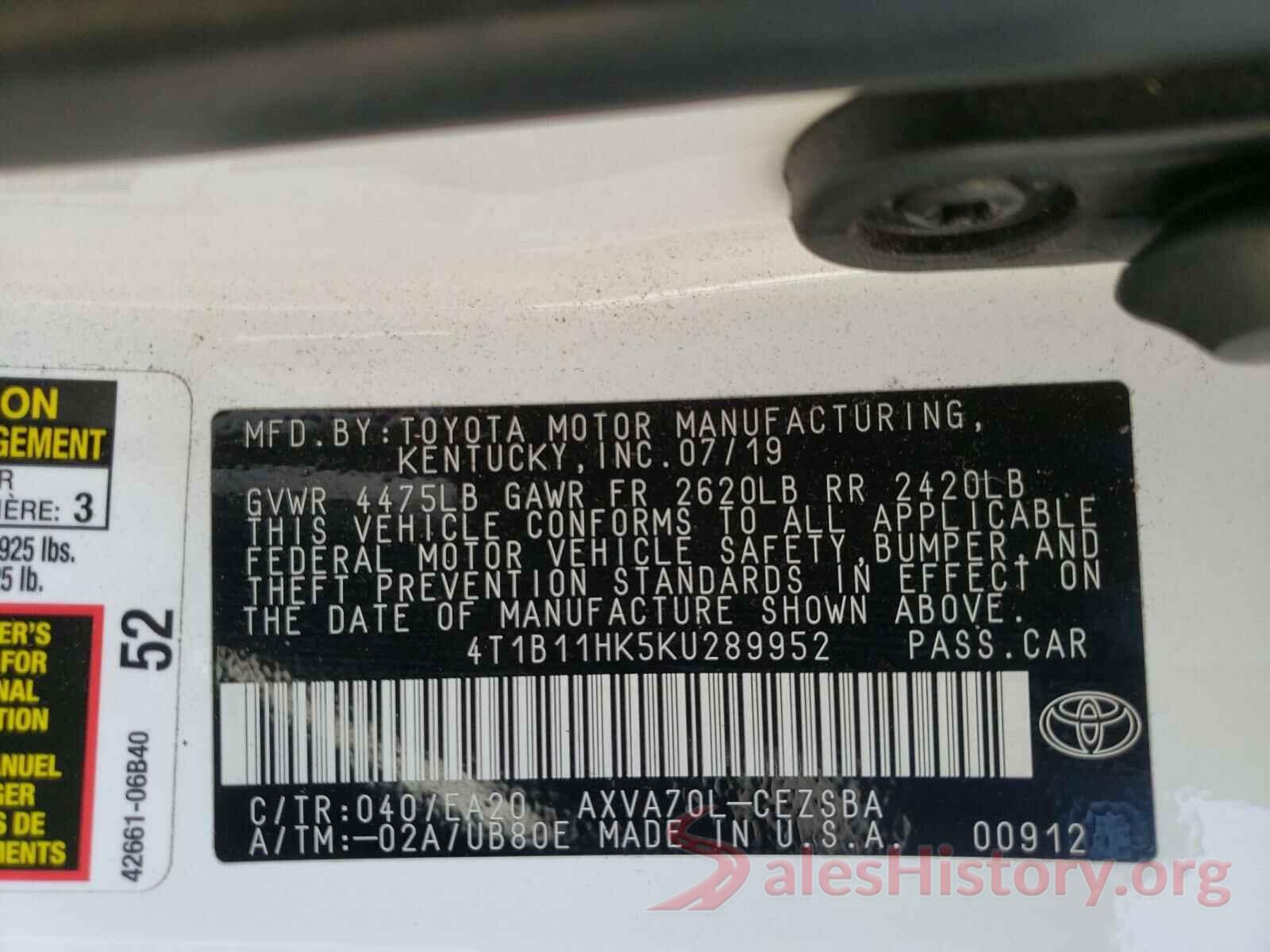 4T1B11HK5KU289952 2019 TOYOTA CAMRY