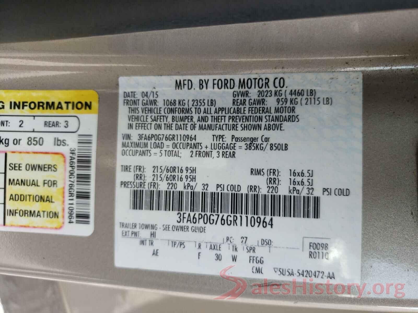 3FA6P0G76GR110964 2016 FORD FUSION