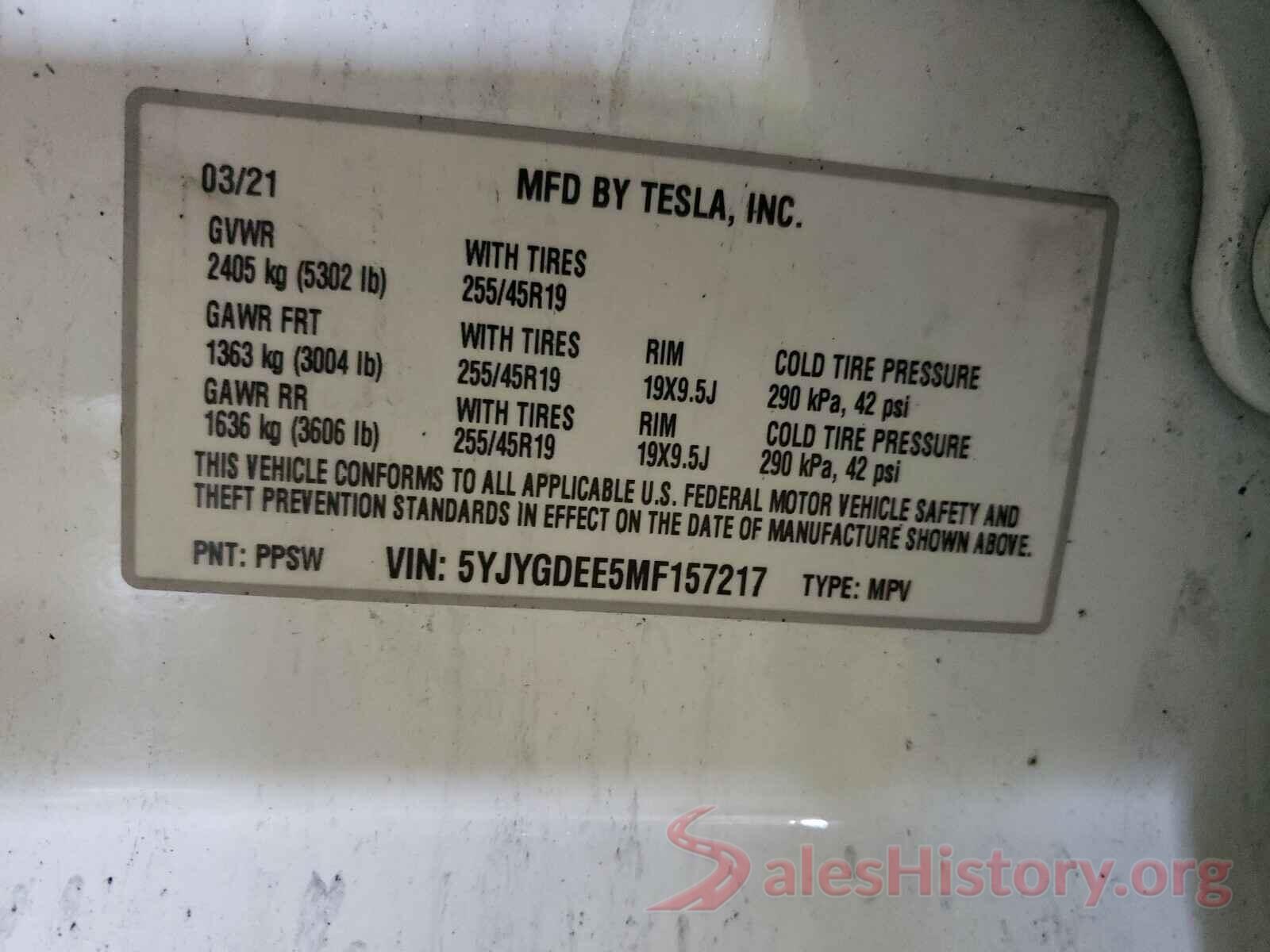 5YJYGDEE5MF157217 2021 TESLA MODEL Y