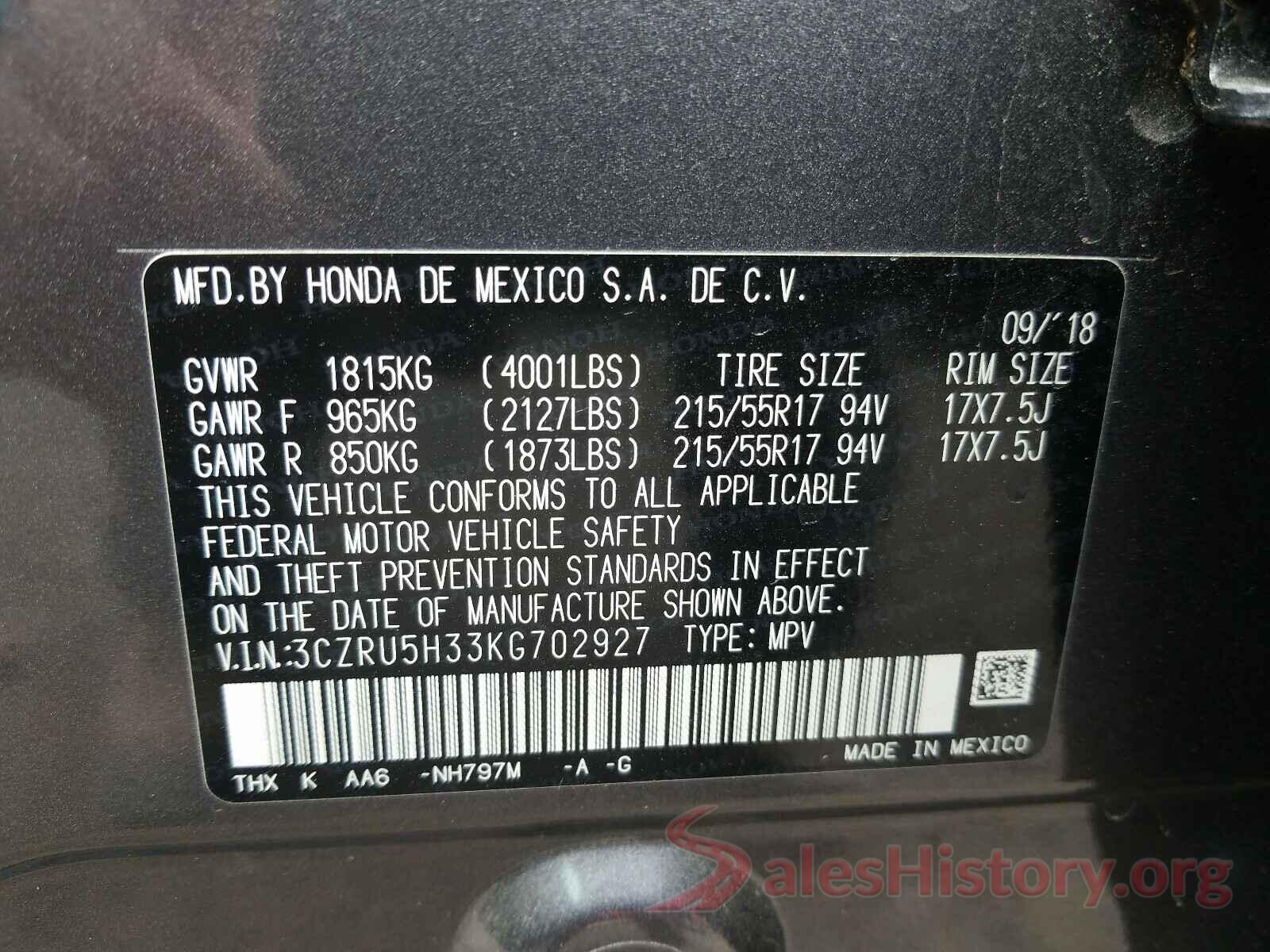 3CZRU5H33KG702927 2019 HONDA HR-V