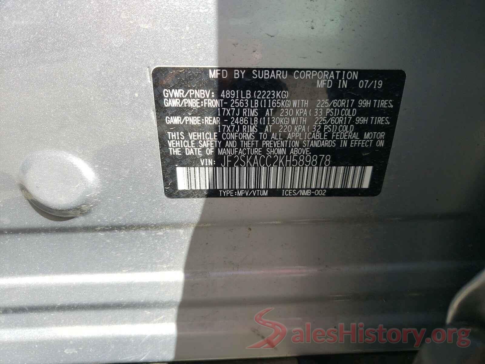 JF2SKACC2KH589878 2019 SUBARU FORESTER