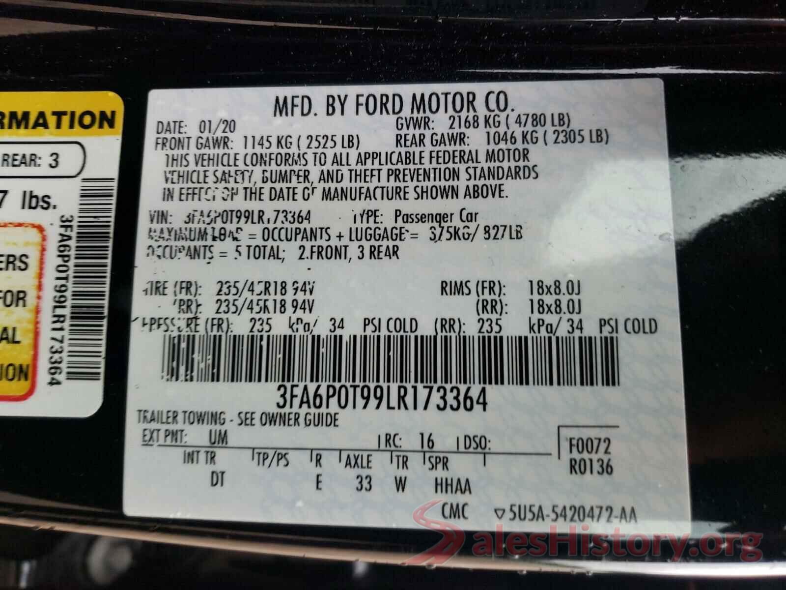 3FA6P0T99LR173364 2020 FORD FUSION